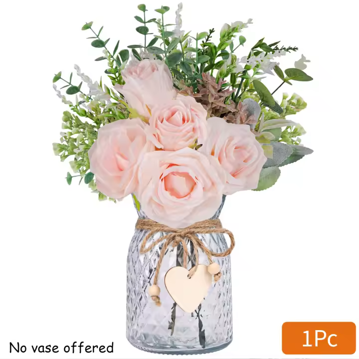 Fake Flowers, Artificial Silk Roses in Vase, Artificial Flower Arrangement Imitation Roses, Without Vase (White) - 1