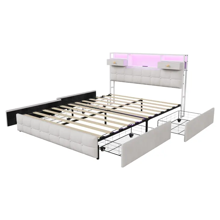 Cama tapizada 160x200 cm en terciopelo beige con 4 cajones, cabecero con 2 cajones, LED RGB, USB y Type-C - 1