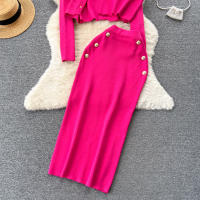 Conjunto De Ropa De Mujer REALEFT Otoño Invierno 3 Piezas Traje De Tejido Knitted Cardigan De Botón Sencillo Y Tops Falda Elegante Para Oficina - details 15