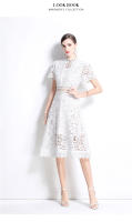 Vestido De Mujer Verano Nuevo Con Manga Corta Y Cuello Volante A-LINE Blanco Vestido Casual De Rodilla Lace Suelto Pullover Sin Estirar - details 13
