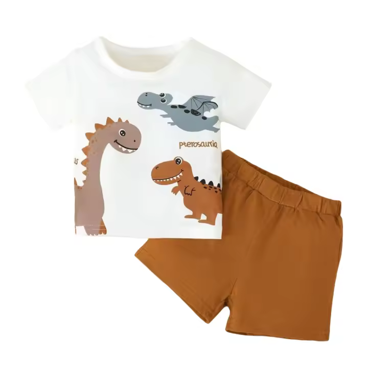 SP Conjunto De Ropa Para Bebe Niño Dinosaurio De Dibujos Animados 0-3 Años 2PCS Camiseta Corto Blanca Y Shorts Marron Estilo Deportivo Moda Bonita - 1
