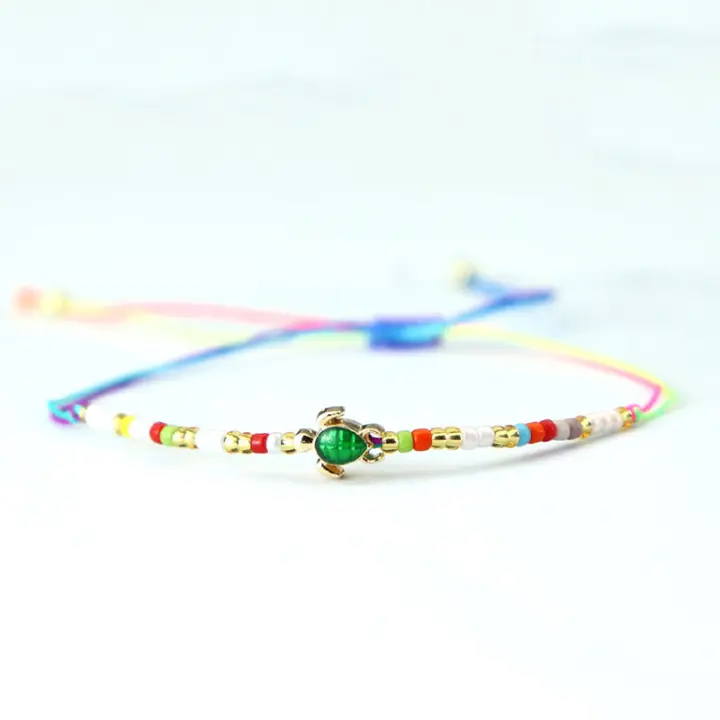 Pulsera De Hilo Fino Para Mujer Pulsera Macramé Hecha a Mano Con Cuentas De Semillas Y Tortuga Accesorio Casual De Playa Bohemia - 1