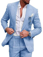 Traje De Lino Azul/Oro Para Hombre Estilo Casual Con Pico Monóculo Corte Slim Fit Pantalones High Quality 2 Piezas Traje De Boda - details 2
