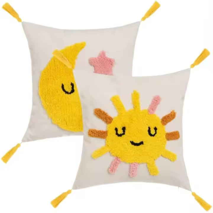 Dcasa Set de 2 cojines infantiles de sol y luna amarillos y blancos de tela pelo de 45x45 cm con relleno - 1