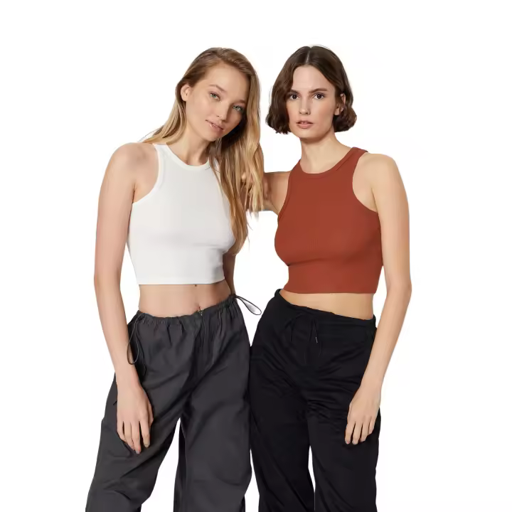 Trendyol Black & White 2-Pack Fitted Crop Halter Neck Ribbed Elastic Knitted Undershirt Twoss21Al0058 - 1