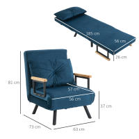 Sofá Cama Reclinable Función Cama de invitados Cama de terciopelo Respaldo ajustable Azul 63x73x81cm - details 6