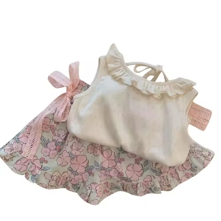 Conjunto De Ropa Para Bebe Niña Bear Leader Verano Sin Mangas Con Encaje Y Bow Flower Print Shorts Estilo Casual Material Algodón Y Poliester - 1