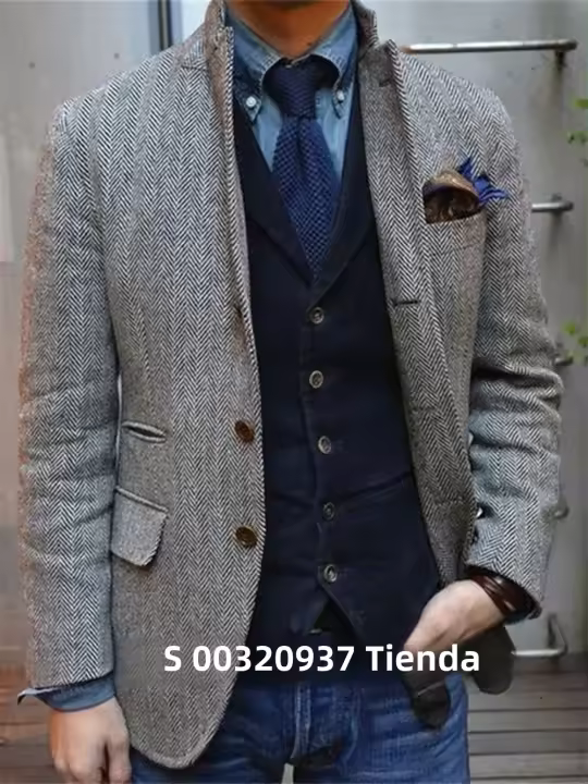 Chaqueta De Tweed Herringbone Para Hombre Corte Slim Ajustado Abrigo Calido Para Invierno Chaqueta Corta Retro Con Solapa Y Cierre Único - 1