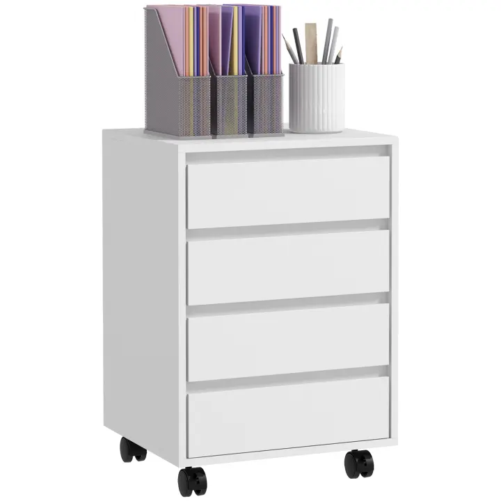 HOMCOM Mueble de oficina con ruedas 4 cajones correderos en madera imitación madera color blanco - 1