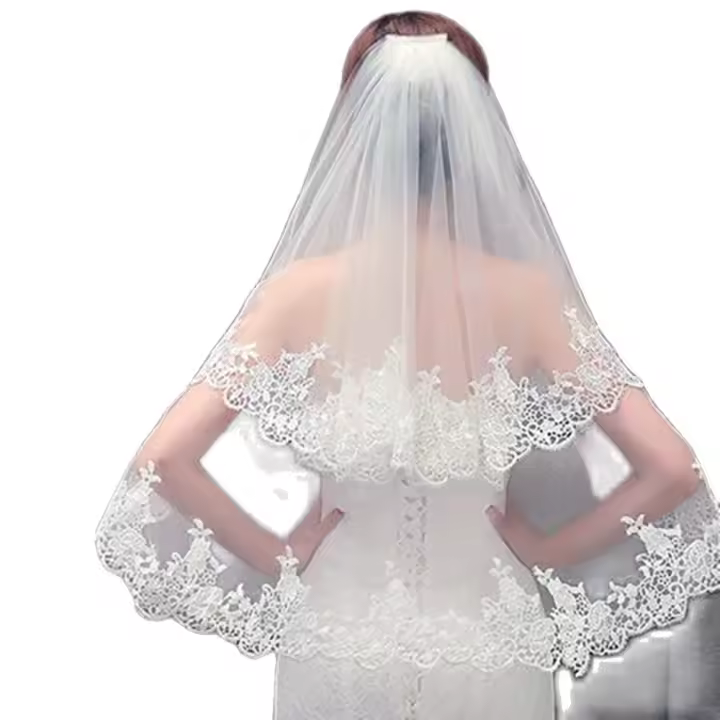 Velo De Novia Elegante De Dos Capas Con Cepillo En Blanco Y Ocre Para Mujer 2023 Con Detalles De Encaje Y Orfebrería - 1