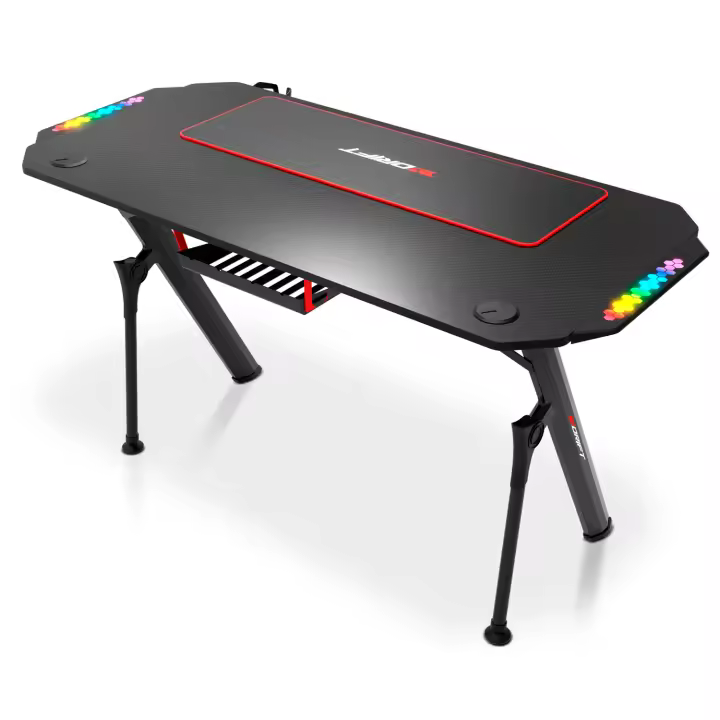 DRIFT GAMING DRDZ175RGB Mesa Gaming con Tablero de Fibra de Carbono, Soporte para Bebidas y Auriculares, Laterales RGB reactivos al Sonido, Negro - 1
