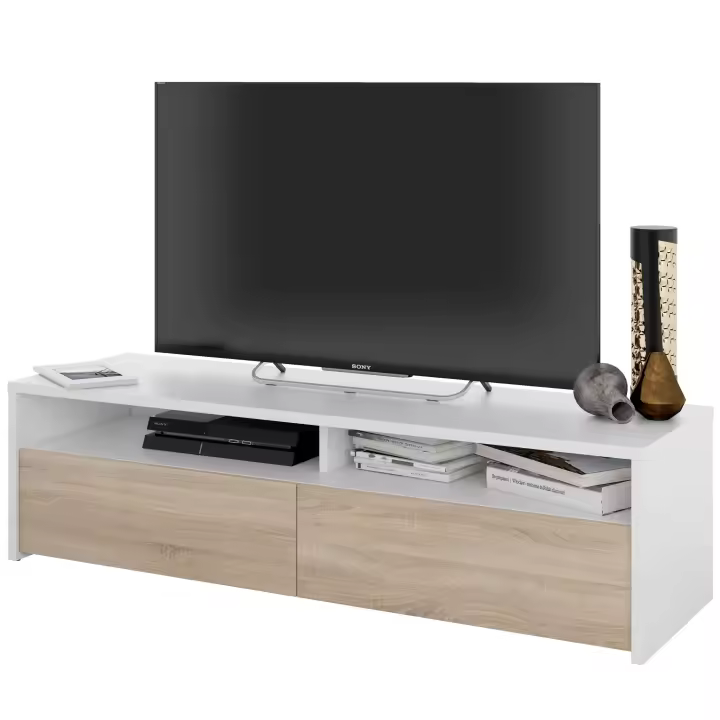 Mueble de Tv multimedia con 2 Puertas Abatibles en Color Blanco Artik y Roble Canadian 130 cm - 1