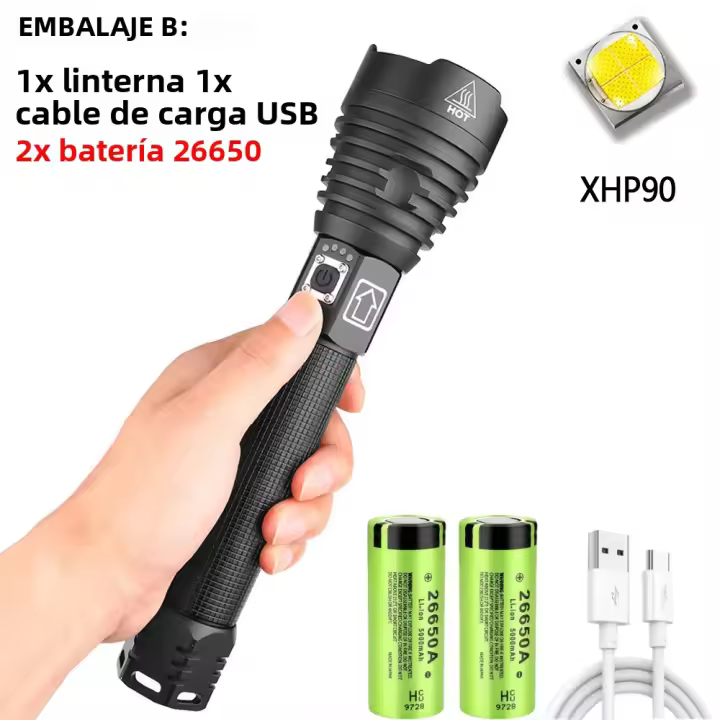 Linterna Táctica Recargable USB Super Brillante XHP90 Con Zoom Ajustable Lúmenes Altos Torcha Para Camping Y Búsqueda Resistente Al Choque Y Agua - 1