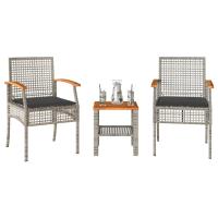 vidaXL Mesita y sillas con cojines 3 pzas ratán PE madera acacia en color Beige/Gris/Negro | cómodas modernas ergonómicas para comedor cocina salón hogar - details 1