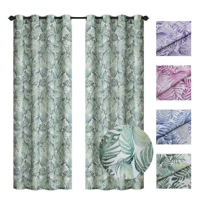 ILOVEHOME - Cortina para salon, cortina para habitacion tipo visillo con aspecto de lino con ojales, cortina individual moderna de 140 x260cm, estampado hojas - 1