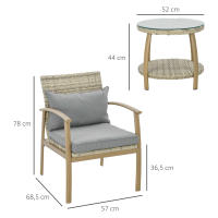 Outsunny Conjunto de Mesa y Sillas de Jardín para Exterior Juego de 3 Piezas Sillas y Mesa de Ratán con Marco de Aluminio Incluye 2 Sillas 1 Mesa de Vidrio Templado y Cojines Natural y Marrón - details 2