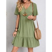 Vestido Casual De Verano Para Mujer Con Cuello En V Y Falda De Encaje Corto Manga Corta Color Sólido A-Line Longitud De Rodilla - details 1
