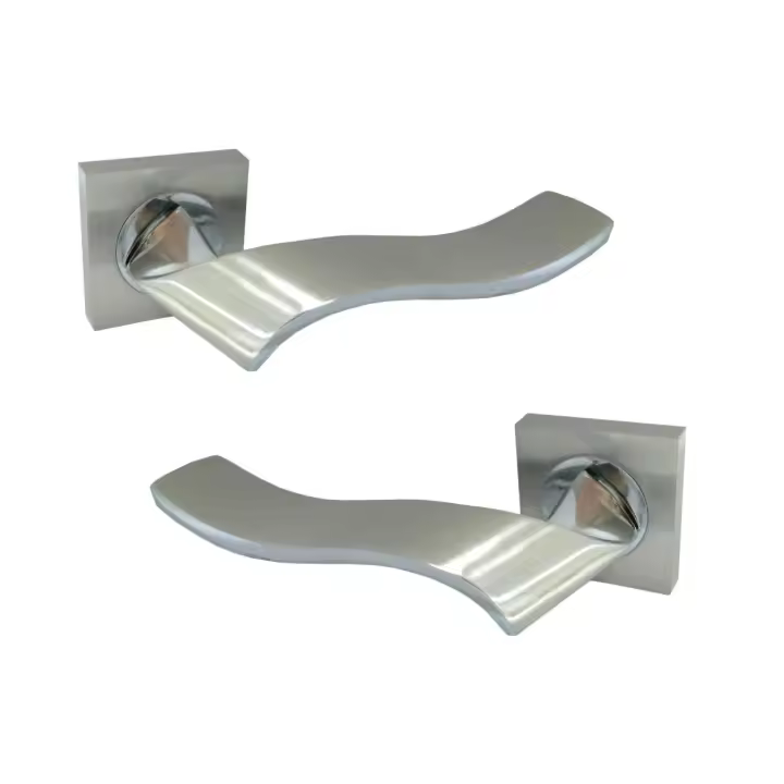 AZERO - Juego manivelas puerta madera interior, aluminio baño combinado acabado níquel satinado y níquel brillo. Disponible en roseta o en placa. - 1