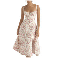 Vestido De Playa Para Mujer Con Estampado Floral Cuello Cuadrado Ajuste Frontal Y Abertura En Pierna Midi Polyester Sin Mangas Vestido De Noche - details 2