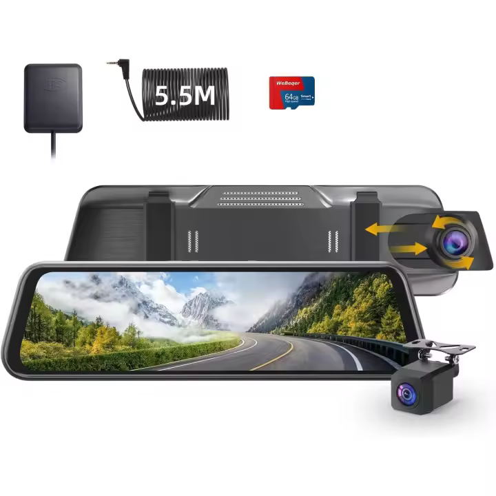 Cámara Retrovisor para Coche,4K Ultra HD Dashcam con 10" Pantalla Táctil,Tarjeta SD de 64G,170° Gran Angular,Sensor G,Monitor de Aparcamiento,Grabación en Bucle,Súper Visión Nocturna,WDR - 1