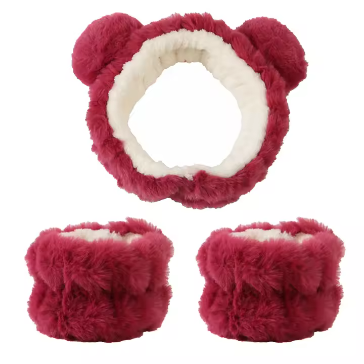 3Pcs Accesorios De Peluche Oso Fresa Para Niñas Headband Y Muñequera Kit De Regalo Cuidado De La Piel No Eléctrico - 1