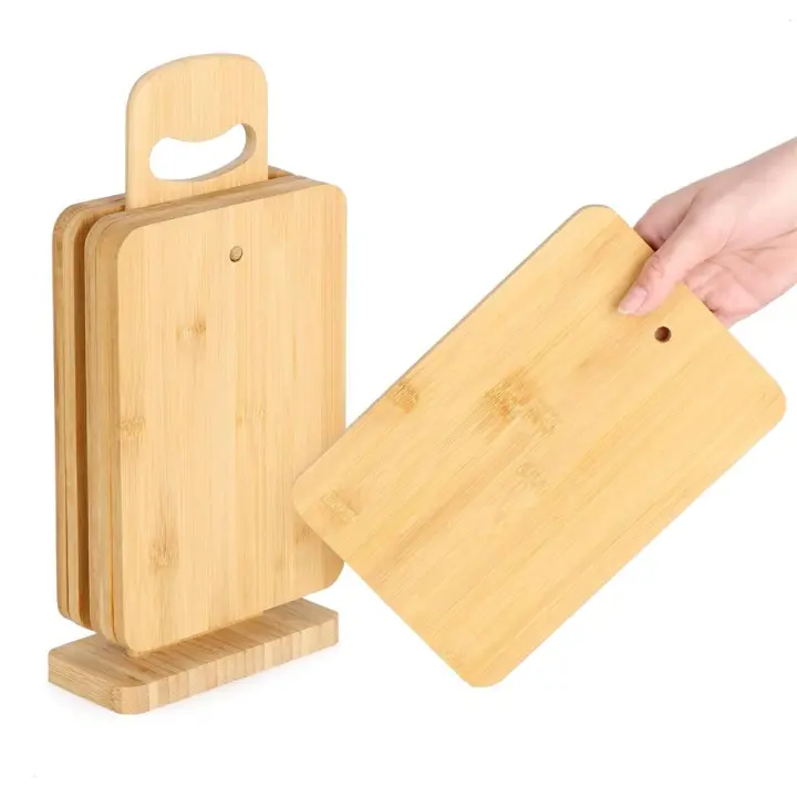 XOCOTŌ® Juego de tablas de cortar de bambú de 5 piezas - Tablas de desayuno con soporte para tablas - Platos pequeños para servir sostenibles - Tablas para pan con soporte (5 partes - bambú) - 1