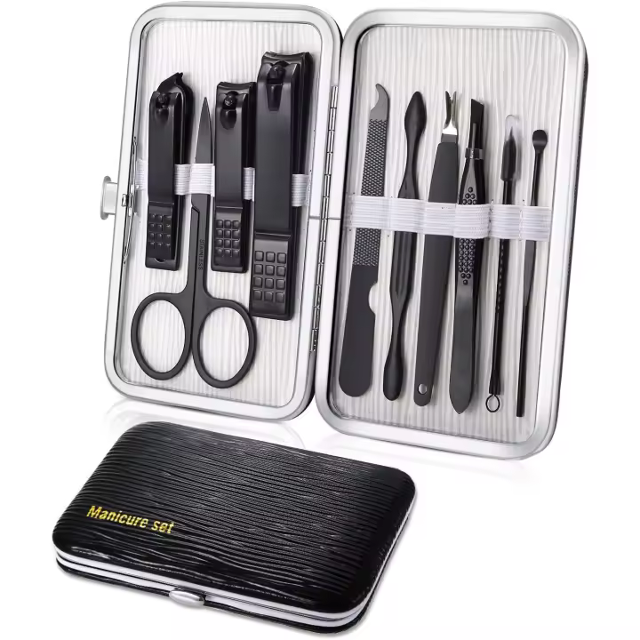 Juego de manicura, 10 piezas, cortaúñas profesional, herramientas para el cuidado de la pedicura, herramientas de aseo de acero inoxidable para viajes (negro) - 1