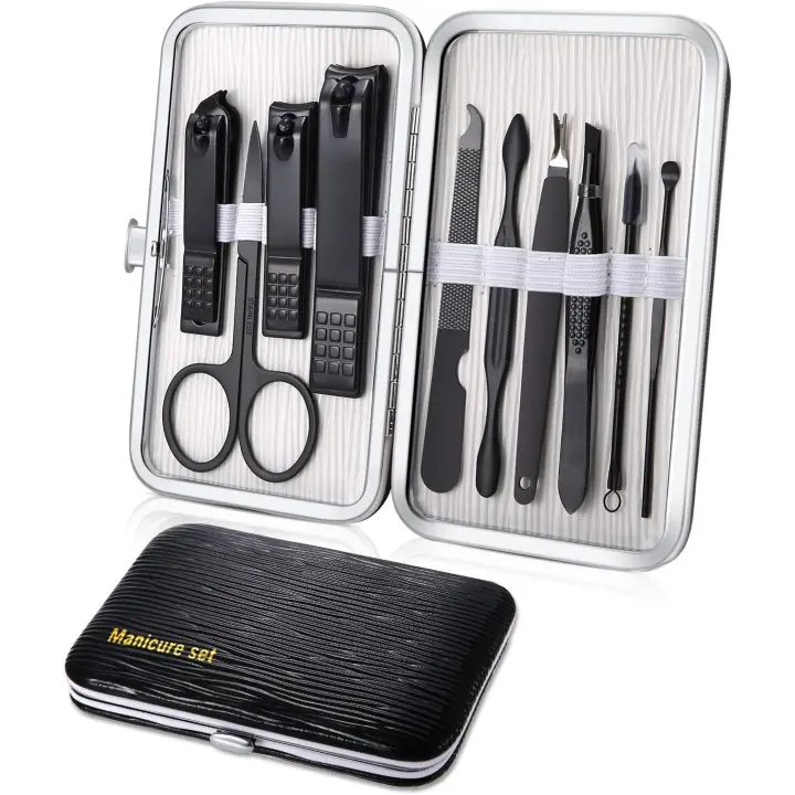 Juego de manicura, 10 piezas, cortaúñas profesional, herramientas para el cuidado de la pedicura, herramientas de aseo de acero inoxidable para viajes (negro) - 1