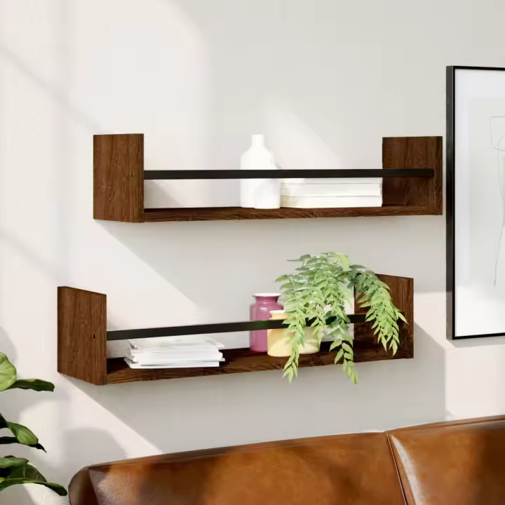 Estantes de pared con barras 2 uds marrón roble 60x16x14 cm - 1