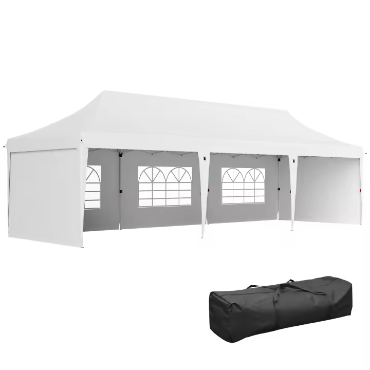 Outsunny Carpa Plegable 9x3x3 m Cenador de Jardín con Altura Ajustable Paredes Laterales Ventanas Protección UV50+ Impermeable y Bolsa de Transporte Gazebo para Exterior Fiestas Camping Blanco - 1