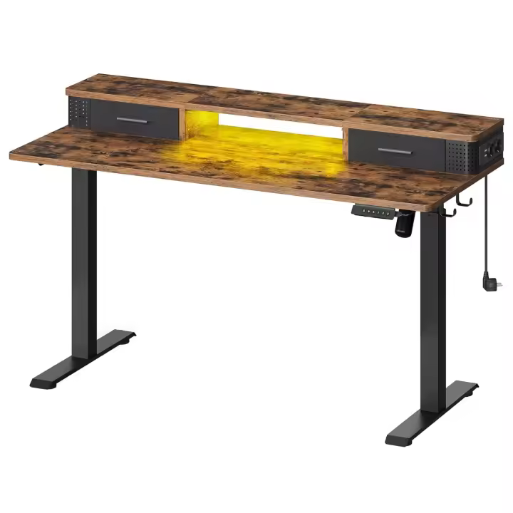 Escritorio Eléctrico Regulable 60x140cm, Altura Ajustable Sin Escalonamiento, Soporte para Monitor, Gancho, Función Memoria, Marrón Rústico, Blanco Nube, Roble - 1