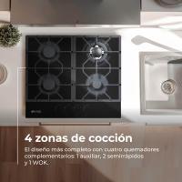 Placa de Gas EVVO V70 Glass, 4 quemadores con Wok, Encimera de cristal templado, Gas Natural/Butano - details 1
