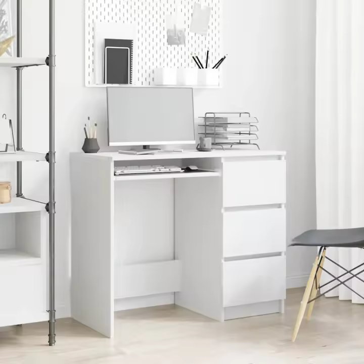vidaXL Escritorio de madera contrachapada 90x45x76 cm en color Blanco/Blanco brillante/Gris hormigón y más | estructura resistente ideal para salón dormitorio o estudio - 1