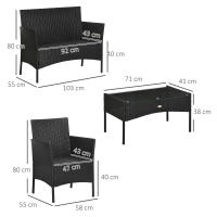 Outsunny Conjunto de Jardín de Ratán Sintético Juego de 4 Piezas Muebles de Jardín con 2 Sillones 1 Sofá de 2 Plazas 1 Mesa de Centro con Tablero de Vidrio y Cojines Negro y Crema - details 2