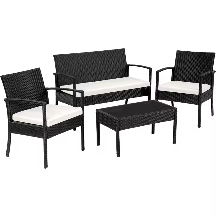 Tectake - Conjunto de Ratán Esparta 3+1, Para el jardín, la terraza, el porche o el patio, Fácil de limpiar, Cojines acolchados para máximo confort, grosor de 5,5 cm - 1