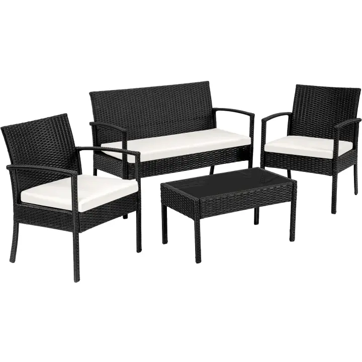 Tectake - Conjunto de Ratán Esparta 3+1, Para el jardín, la terraza, el porche o el patio, Fácil de limpiar, Cojines acolchados para máximo confort, grosor de 5,5 cm - 1