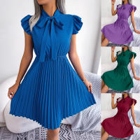 Vestido Elegante De Mujer Con Cintura Alta Y Volantes Para Primavera Y Verano Estilo Casual Collar Con Lazo Cuello Alto Y Mangas Batwing - details 1