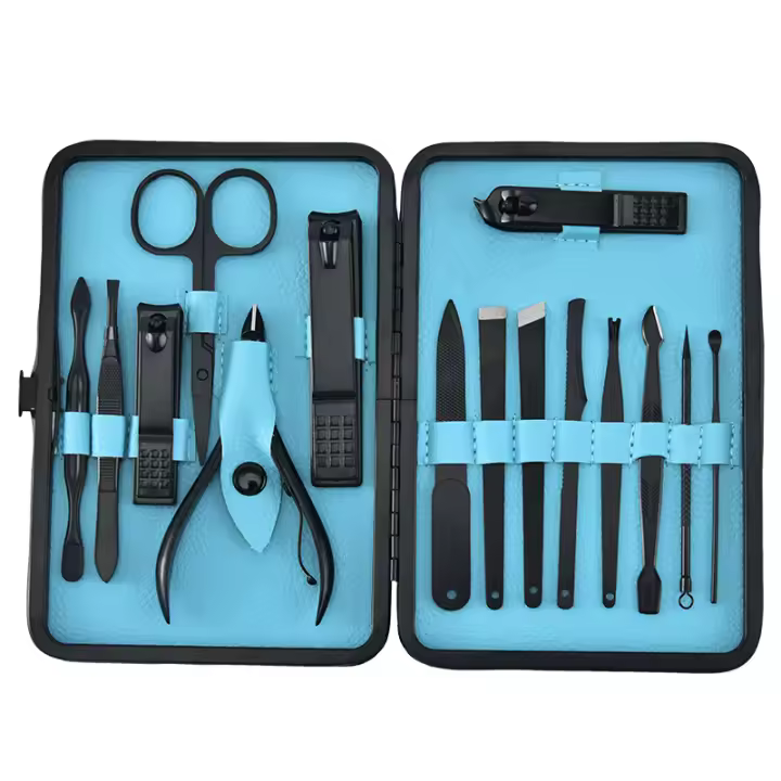 Set de manicura y cortaúñas Profesional de Maple inoxidable para pedicura, 15 piezas con estuche de viaje (Azul) - 1