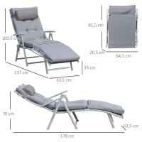 Outsunny Tumbona Plegable de Jardín con Respaldo Ajustable en 7 Posiciones Almohada y Cojín Acolchado para Terraza Piscina Exterior Carga Máx. 165 kg 137x63,5x100,5 cm Gris - details 2