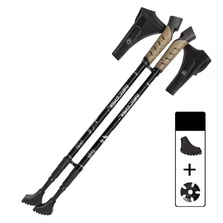 2PCS Poles De Caminar Nórdico Alpinismo Telescópico Aluminio 7075 Palo De Senderismo Carbono Acero Con Cabeza De Tungsteno Madera De Goma Mango Recto - 1