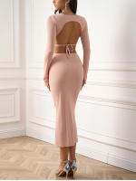 Nuevo Asia Mujer Conjunto De Dos Piezas Rosa Ribbed Tejido Con Top De Manga Larga Y Falda Maxi Espalda Descubierta Estilo Elegante Para Fiesta Y Club - details 1