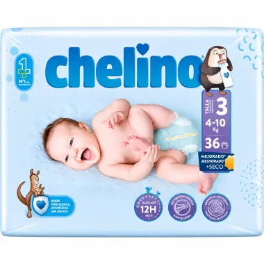 Chelino - Pañales desechables talla 3 (4-10 kg) formato tumbado con barrera antiescapes y cobertura textil transpirable, 36 unidades - 1