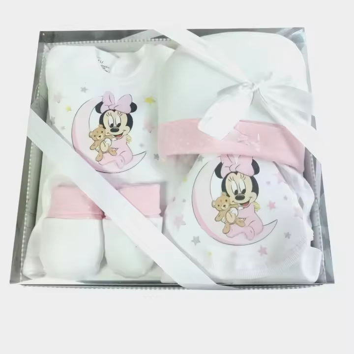Conjunto bebe recien nacido mickey liababylove, disponible en azul o rosa, compuesto de 5 piezas: gorro, manoplas, chaqueta, polaina y babero. 100x100 algodon - 1
