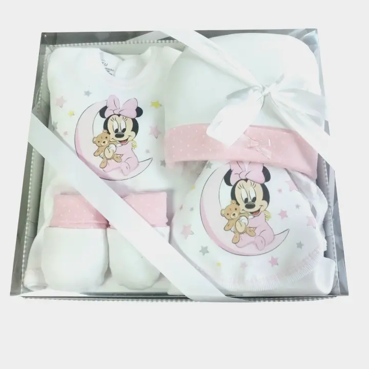 Conjunto bebe recien nacido mickey liababylove, disponible en azul o rosa, compuesto de 5 piezas: gorro, manoplas, chaqueta, polaina y babero. 100x100 algodon - 1