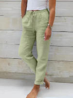 Pantalones De Verano De Algodón Y Lino Para Mujer Cintura Alta Elástica Casual Transpirables Pantalones De Pato Sueltos De Moda Para Calle - details 3