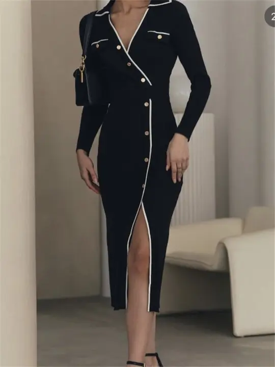 Vestido Midi De Lana Elegante Con Cuello En V Y Botones Para Mujer REALEFT Primavera 2024 Estilo Casual Manga Larga Recta Ajuste Regular - 1