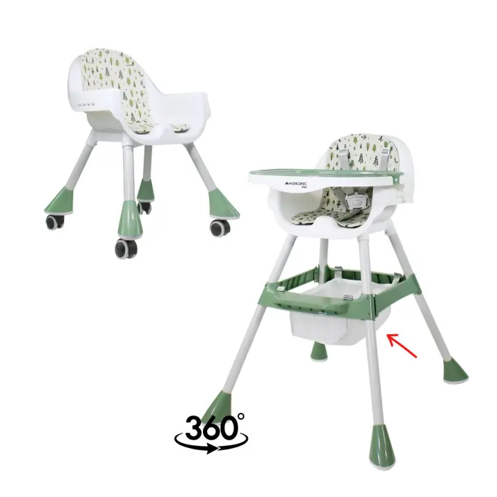 Trona 2 en 1 Mobiclinic Silla de comer Ruedas 360º Ajustable 2 alturas Peso máx 35kg Bandeja y almacenaje Evolutiva Verde blanco Forest - 1