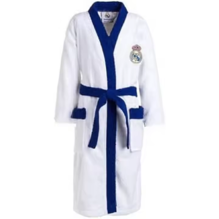 Albornoz de rizo del Real Madrid,  ideal para el secado después de un baño. Composición:  400 gr/m2 - Licencia Oficial - Niños y adultos - Incluye cinturón y bolsillos - Suave y absorbente - Kimbatex Textil Hogar Tienda - Presentación en caja. - 1