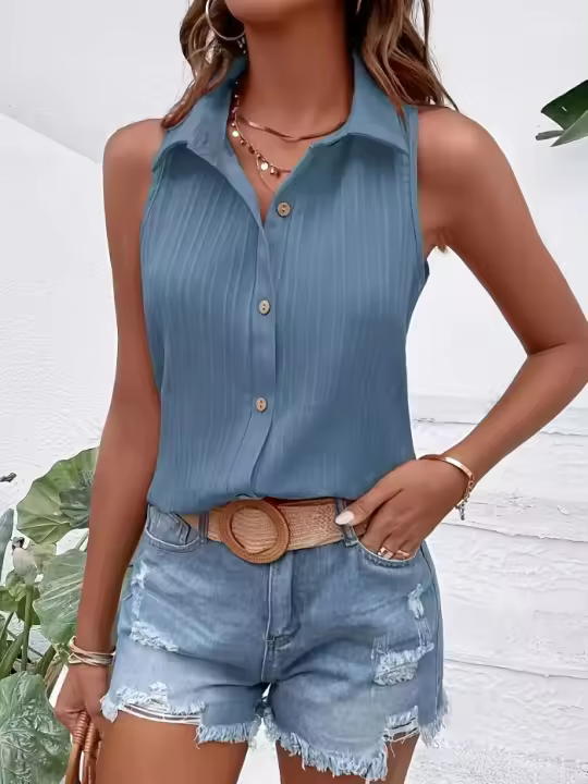 Moda mujer sin mangas botón frontal blusa casual collar blusa gracias ropa para primavera y verano - 1