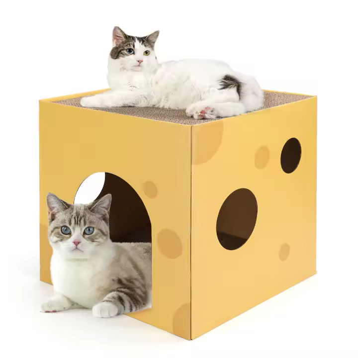Nobleza - Casa Gato con Rascador para Gatos de Cartón y Hierba Gatera, Cama para Gatos Litera, Cueva para Gatos de Cartón Plegable, Juguetes para Gatos Pequeños y Medianos, L35*W35*H35CM, Amarillo - 1